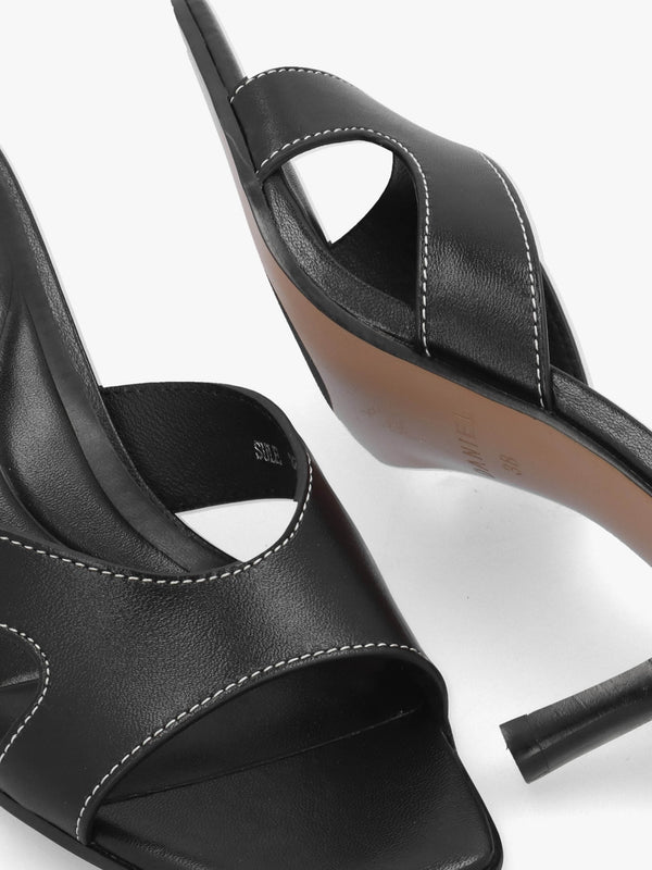 Sule Black Leather Mid Heel Mules