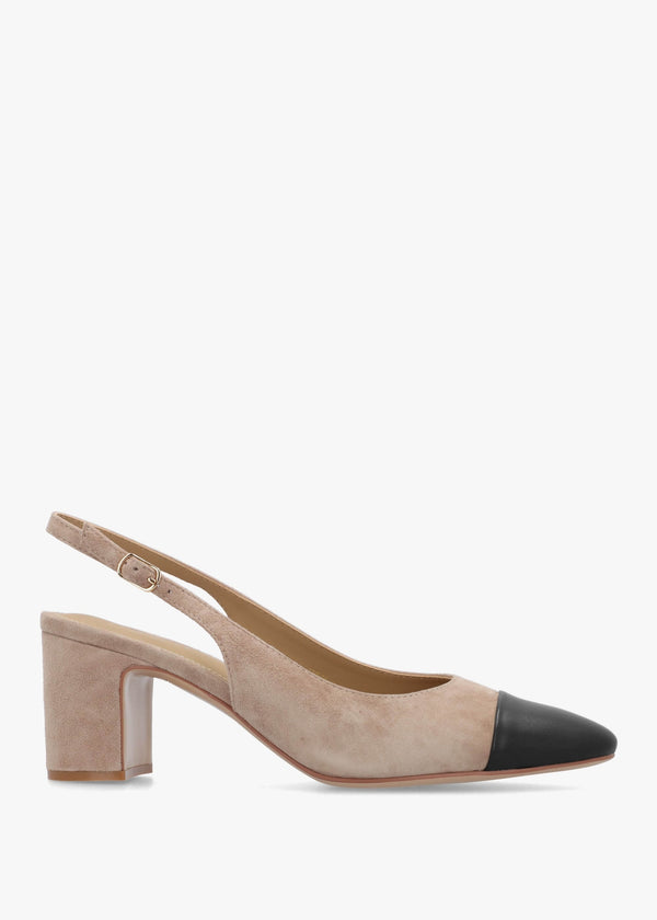 Sulia Beige Suede Toe Cap Sling Back Heeled Court Shoes