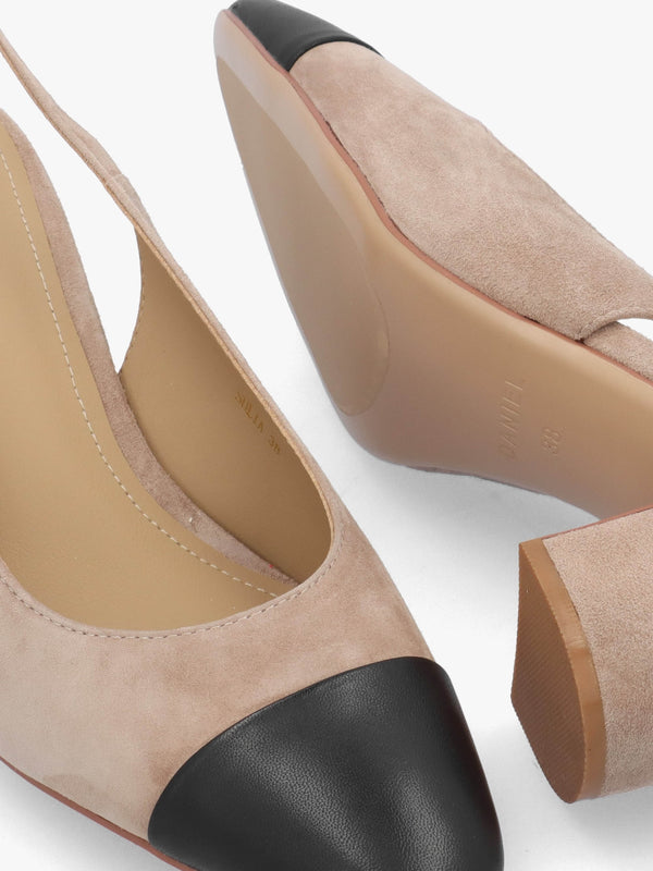 Sulia Beige Suede Toe Cap Sling Back Heeled Court Shoes