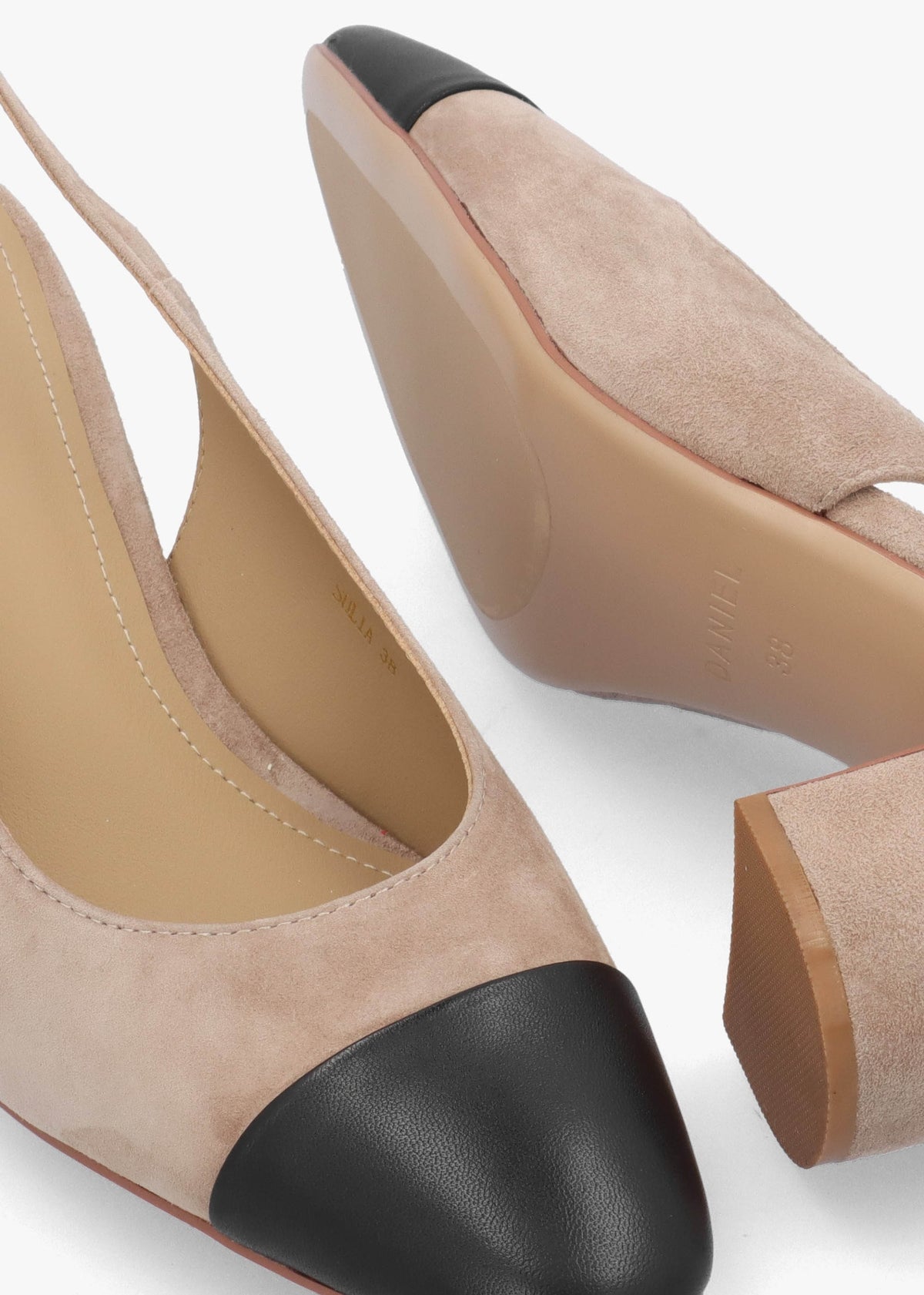 Sulia Beige Suede Toe Cap Sling Back Heeled Court Shoes