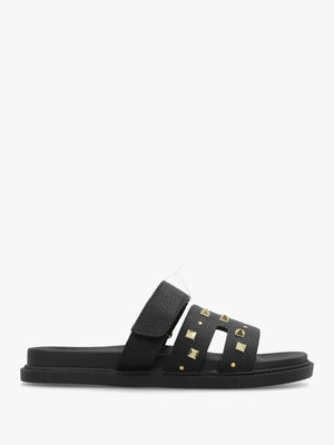Yasmine Black Studded H Bar Flat Mules