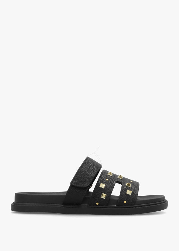 Yasmine Black Studded H Bar Flat Mules