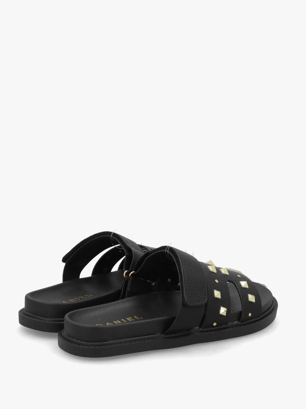 Yasmine Black Studded H Bar Flat Mules