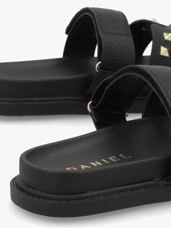 Yasmine Black Studded H Bar Flat Mules