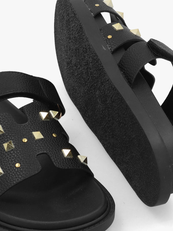 Yasmine Black Studded H Bar Flat Mules