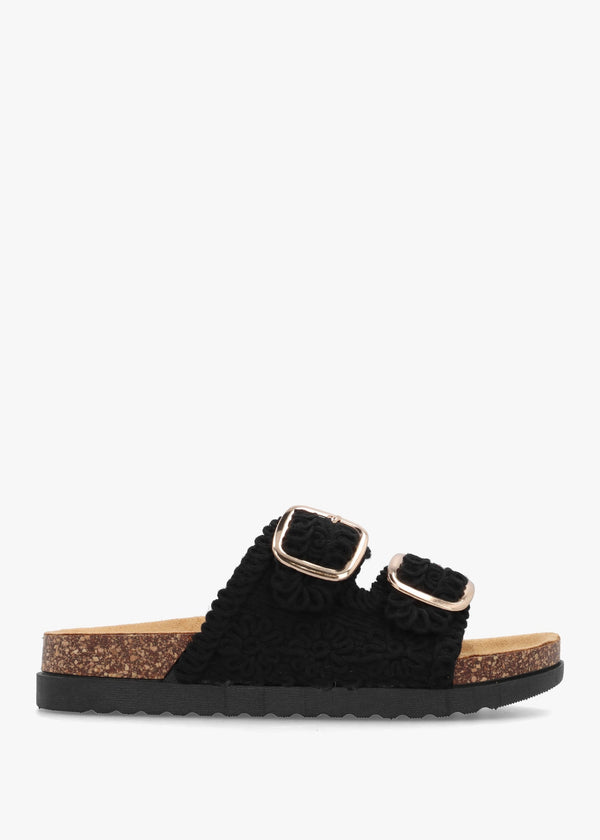 Yuri Black Crochet Double Buckle Mules