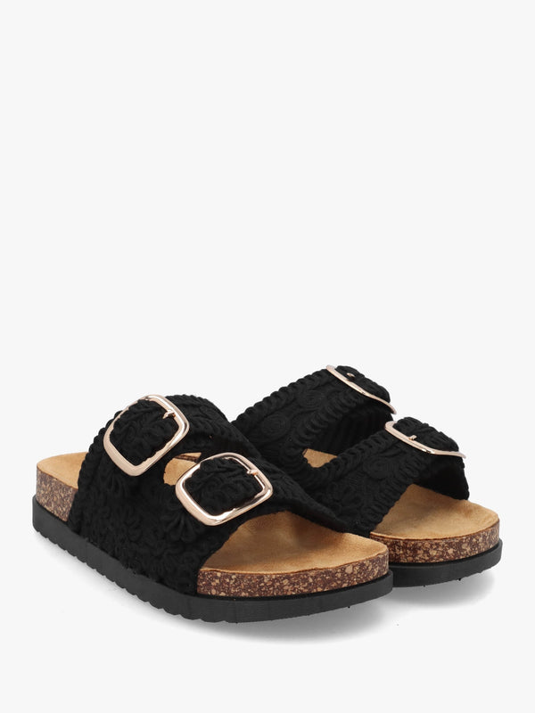 Yuri Black Crochet Double Buckle Mules