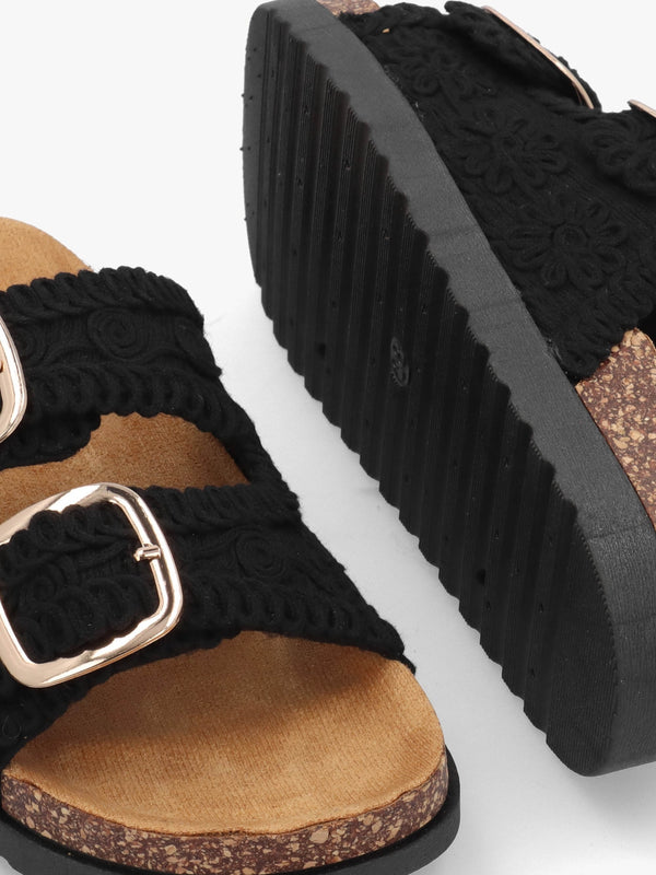 Yuri Black Crochet Double Buckle Mules
