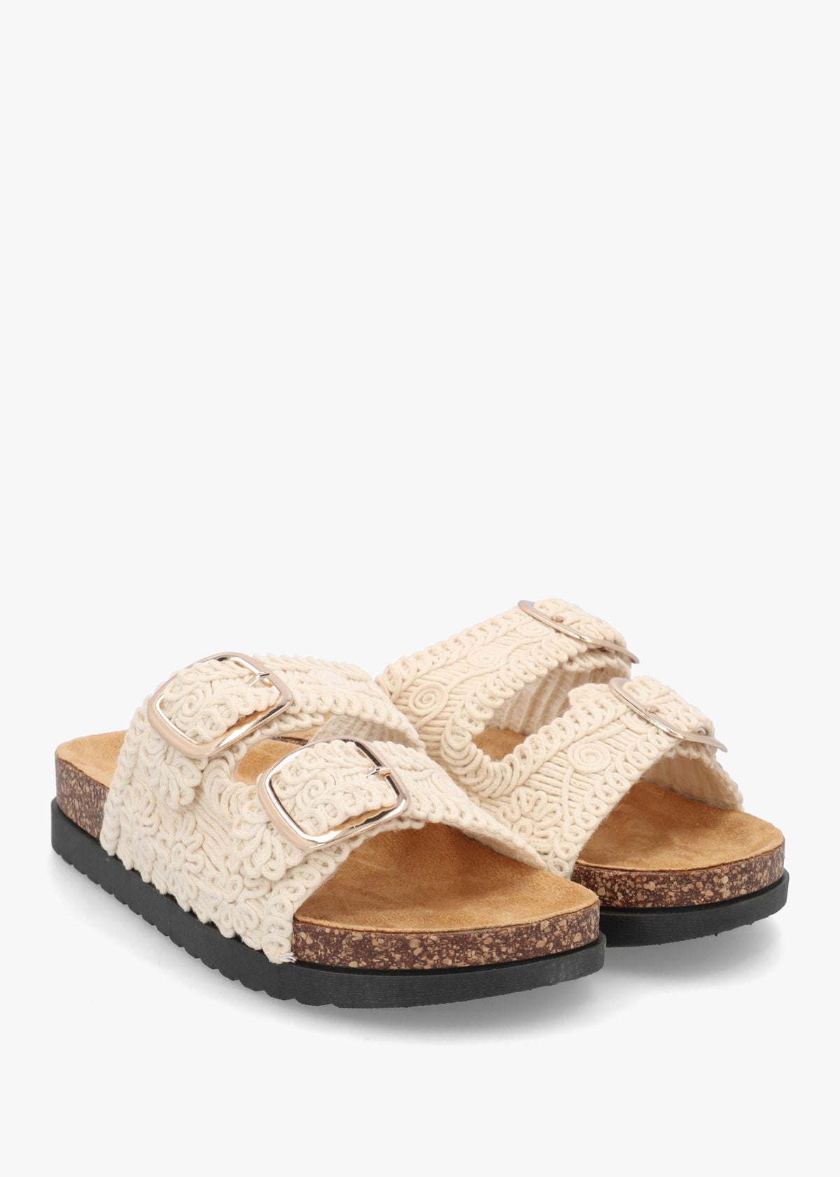 Yuri Cream Crochet Double Buckle Mules