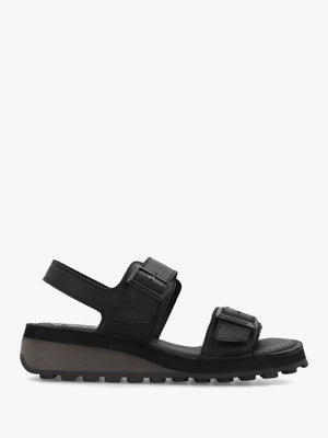 Heif Black Leather Double Buckle Low Wedge Sandals