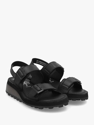 Heif Black Leather Double Buckle Low Wedge Sandals