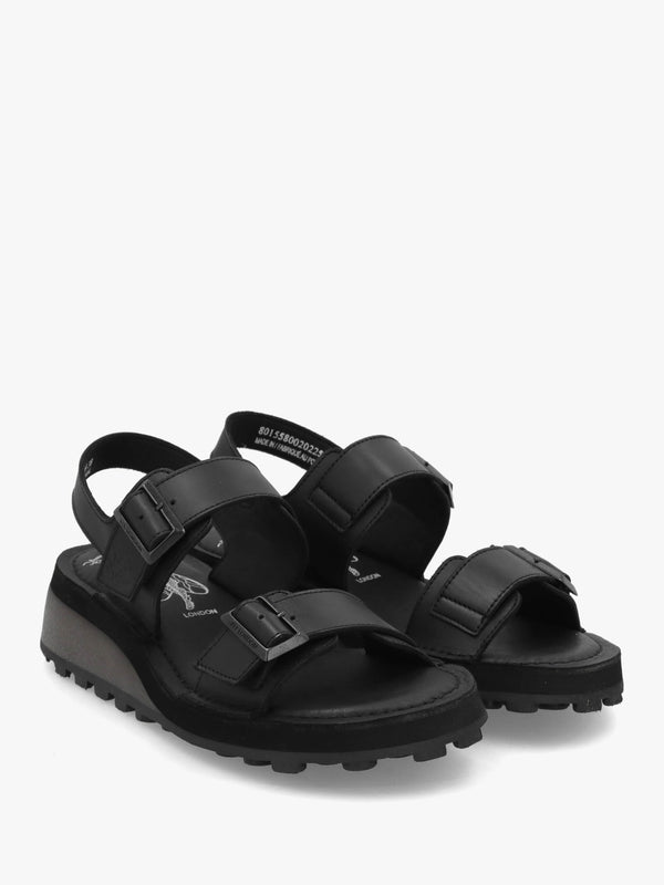 Heif Black Leather Double Buckle Low Wedge Sandals