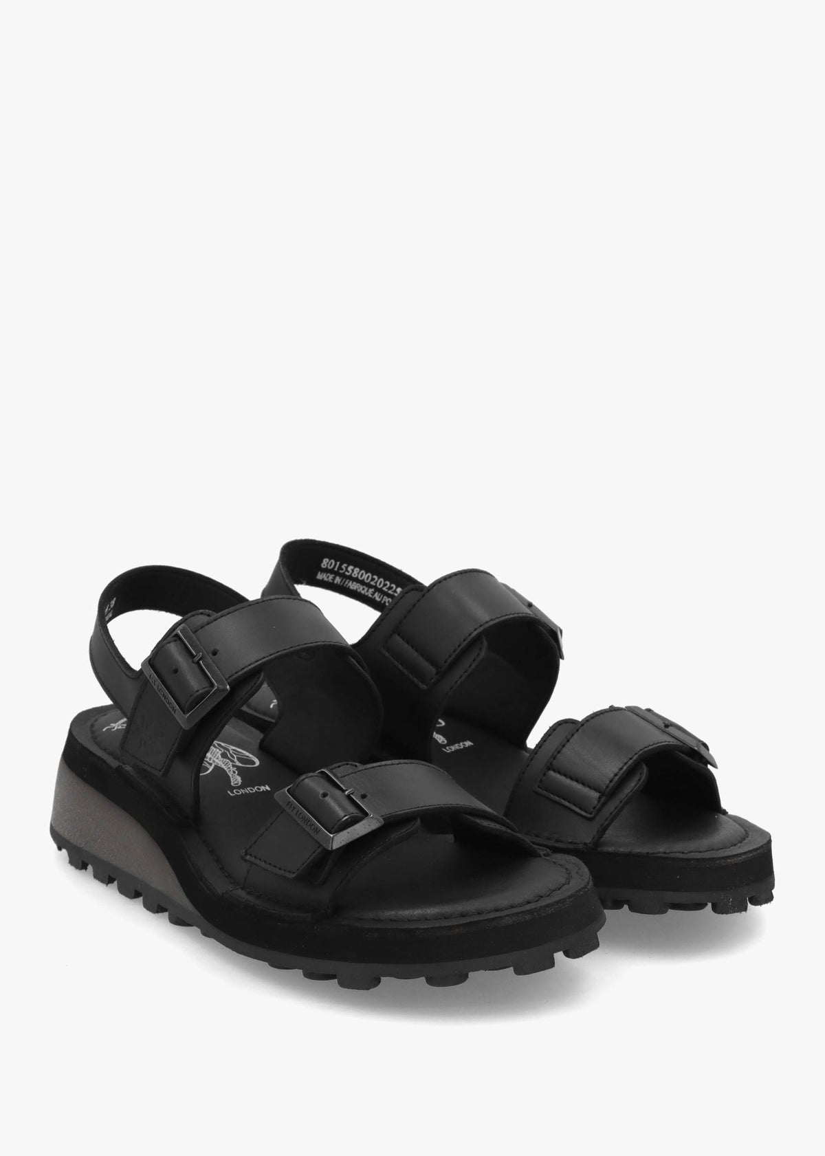 Heif Black Leather Double Buckle Low Wedge Sandals