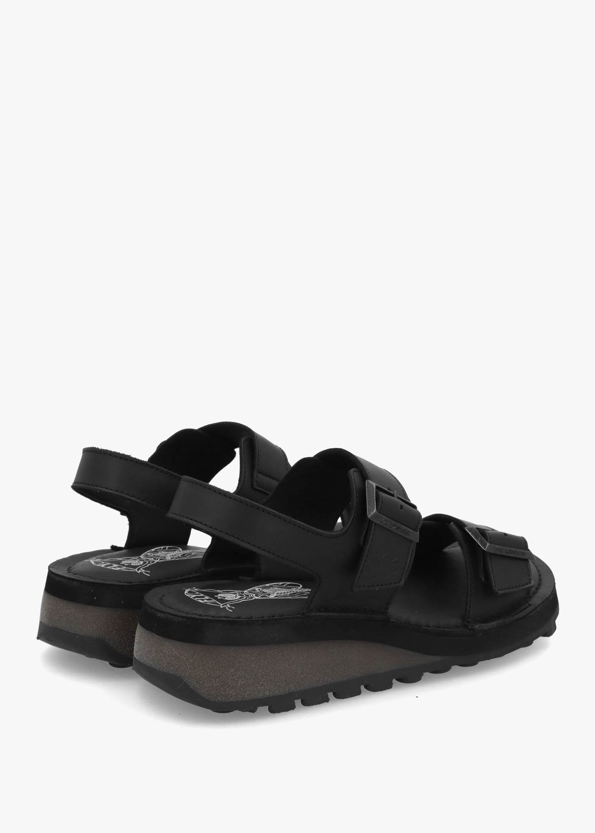 Heif Black Leather Double Buckle Low Wedge Sandals