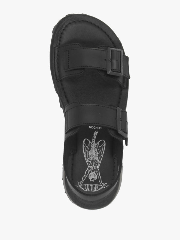Heif Black Leather Double Buckle Low Wedge Sandals