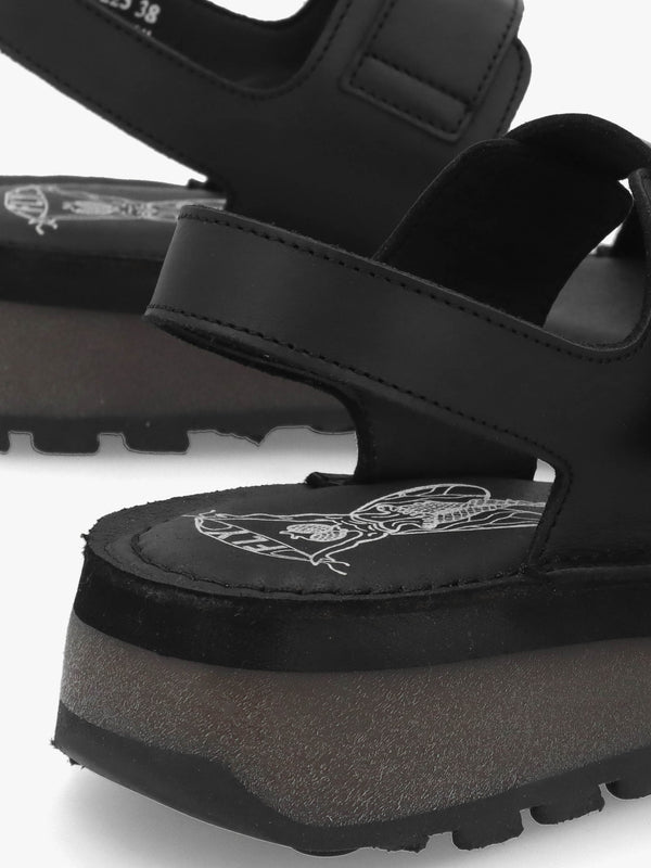Heif Black Leather Double Buckle Low Wedge Sandals