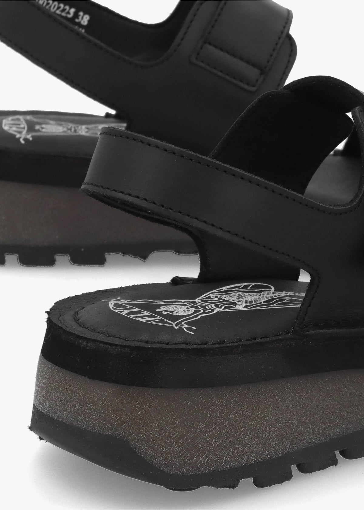 Heif Black Leather Double Buckle Low Wedge Sandals