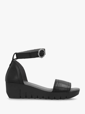 Voik Black Leather Low Wedge Sandals