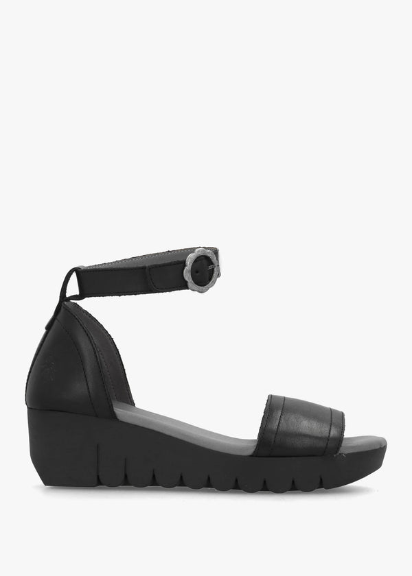 Voik Black Leather Low Wedge Sandals