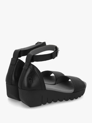 Voik Black Leather Low Wedge Sandals