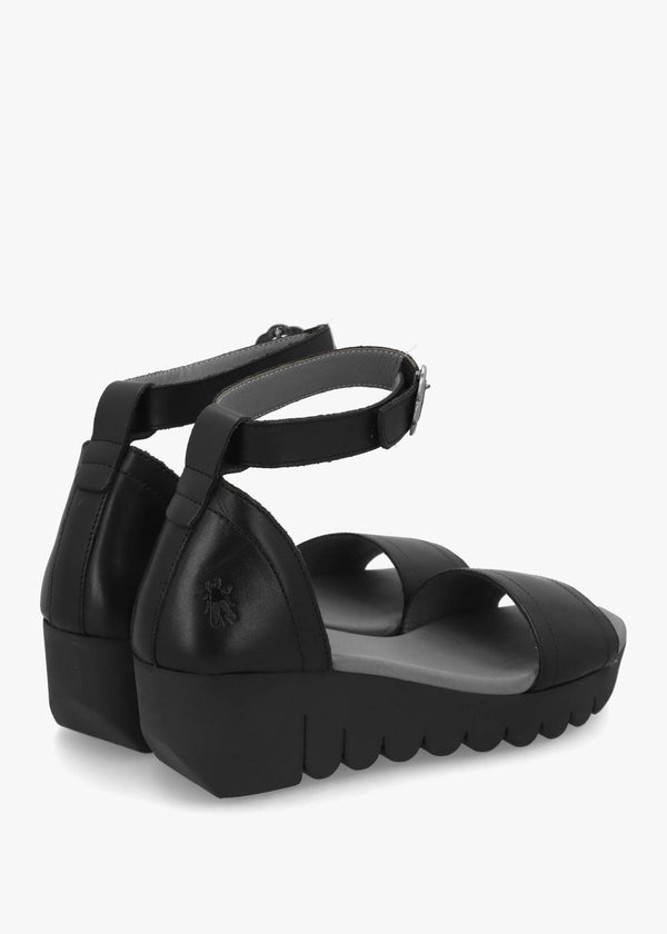 Voik Black Leather Low Wedge Sandals