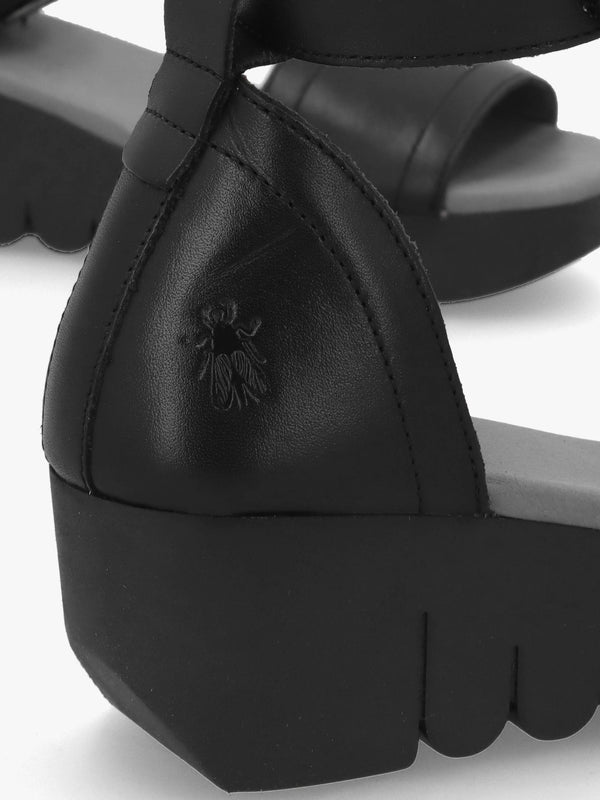 Voik Black Leather Low Wedge Sandals