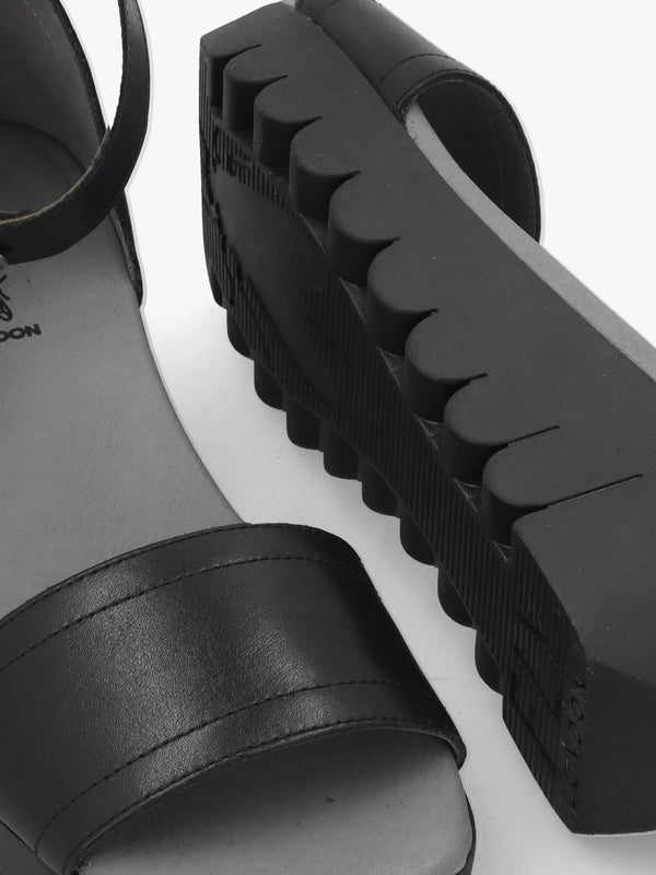Voik Black Leather Low Wedge Sandals