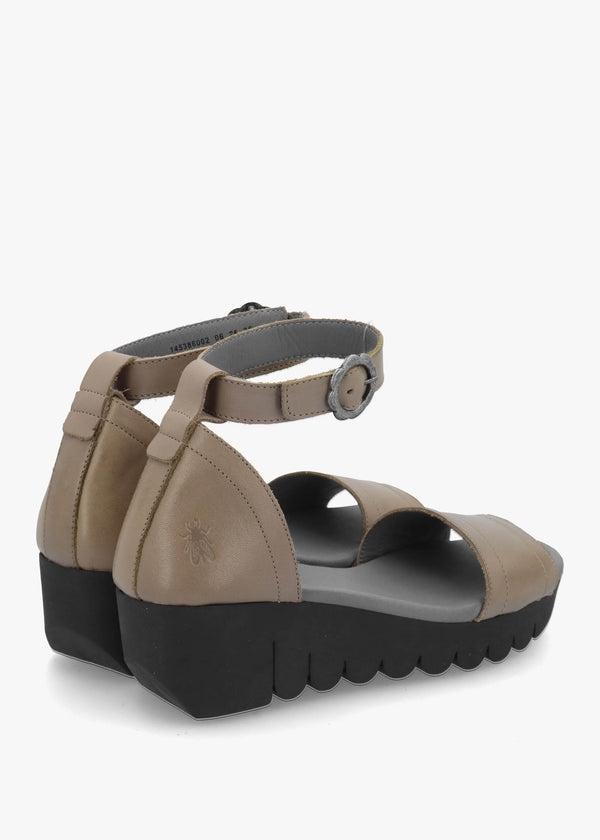 Voik Grey Taupe Leather Low Wedge Sandals