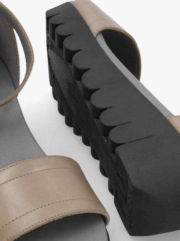 Voik Grey Taupe Leather Low Wedge Sandals