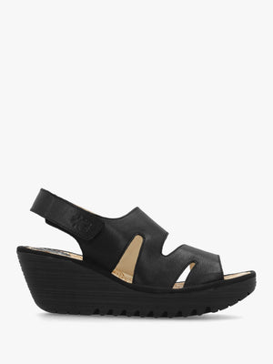 Yaad Black Leather Wedge Sandals