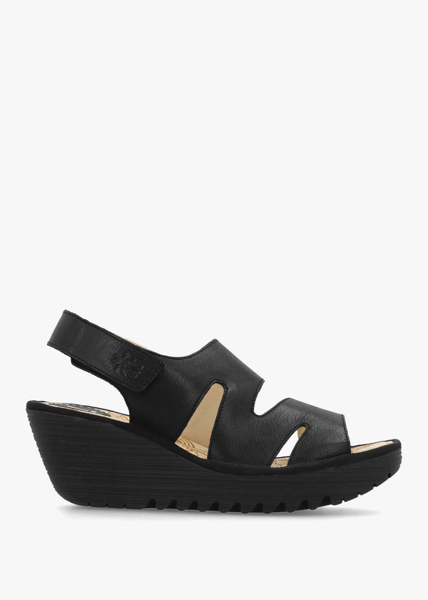 Yaad Black Leather Wedge Sandals