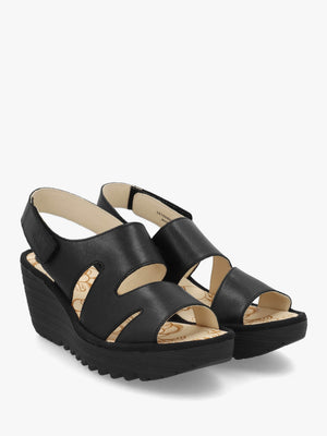 Yaad Black Leather Wedge Sandals