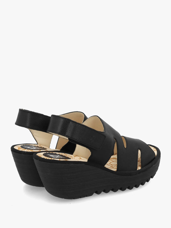 Yaad Black Leather Wedge Sandals