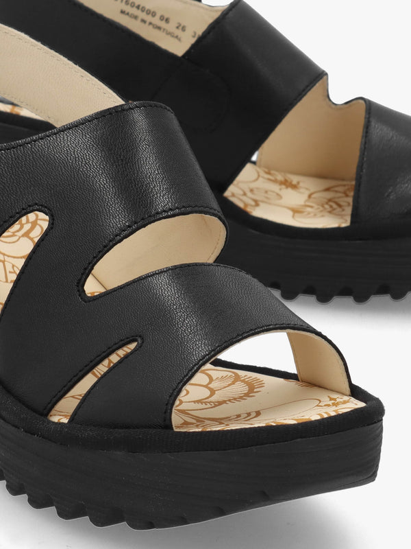 Yaad Black Leather Wedge Sandals
