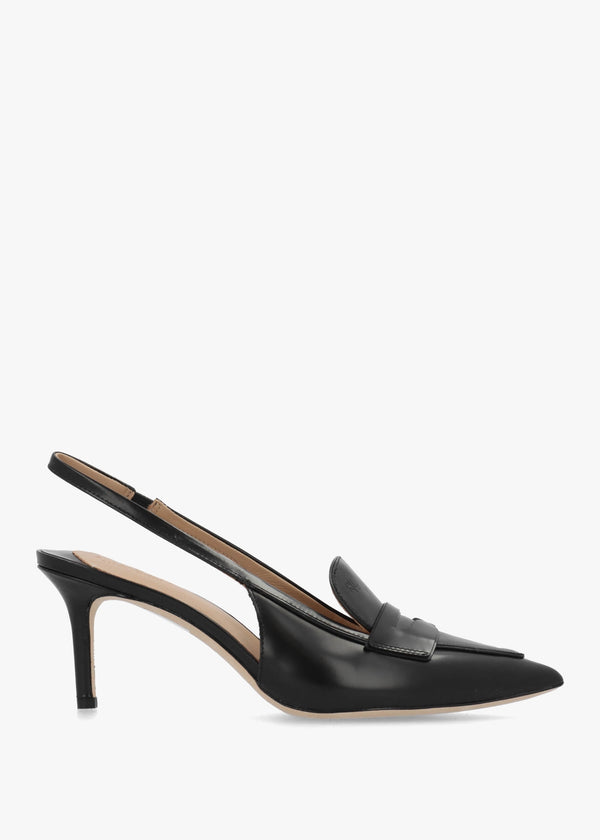 Khloe Black Leather Loafer Heeled Sling Backs
