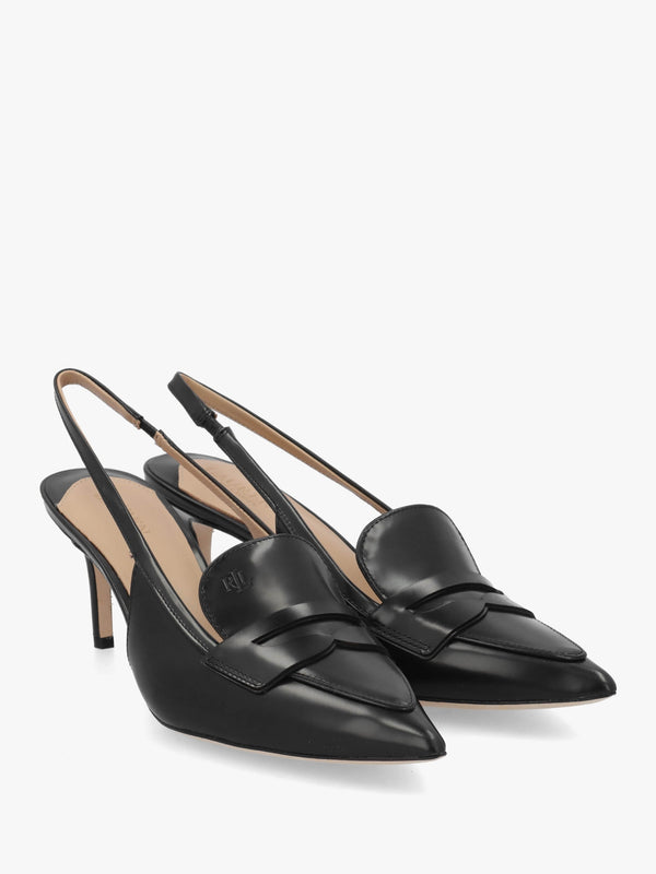 Khloe Black Leather Loafer Heeled Sling Backs
