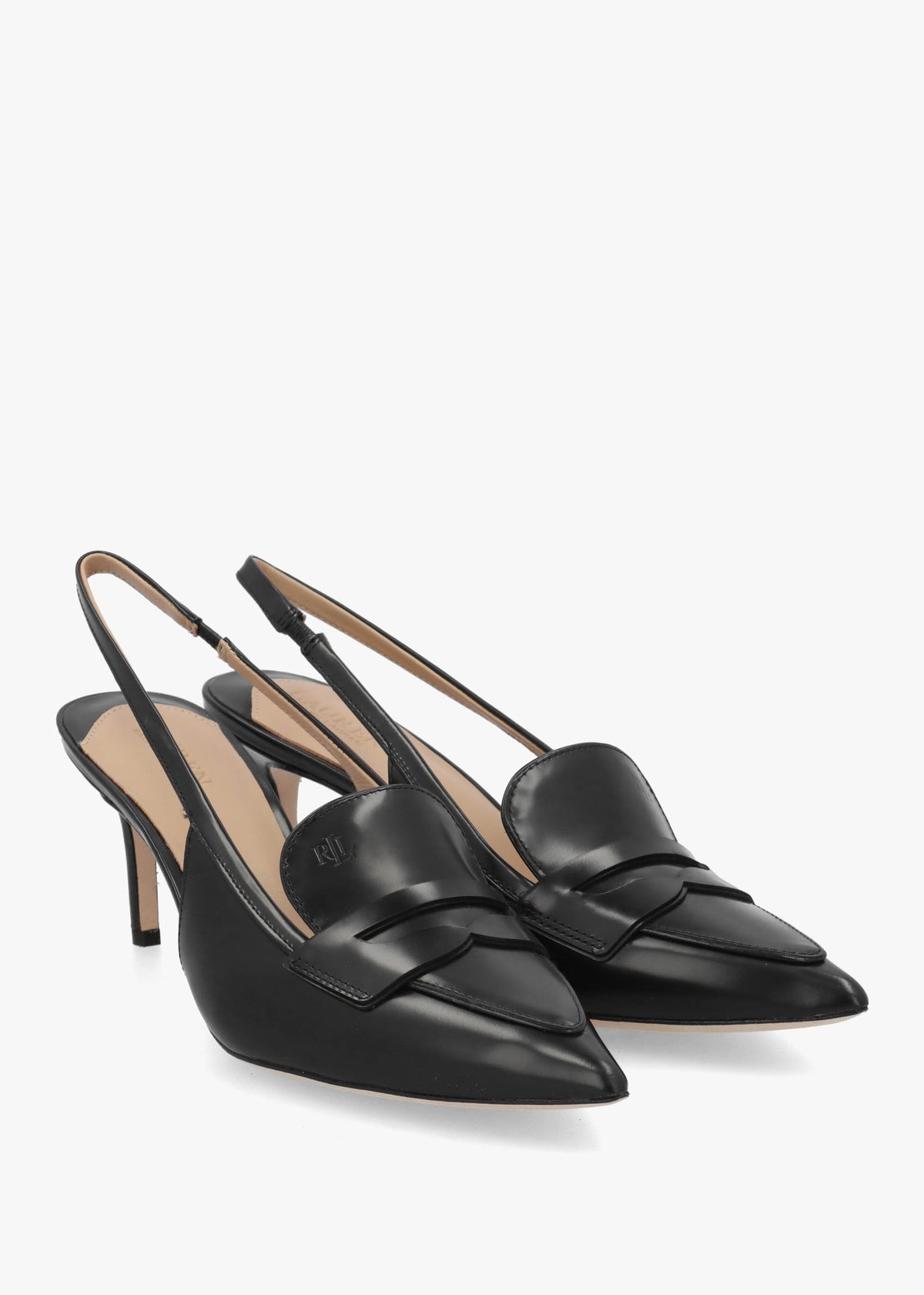 Khloe Black Leather Loafer Heeled Sling Backs