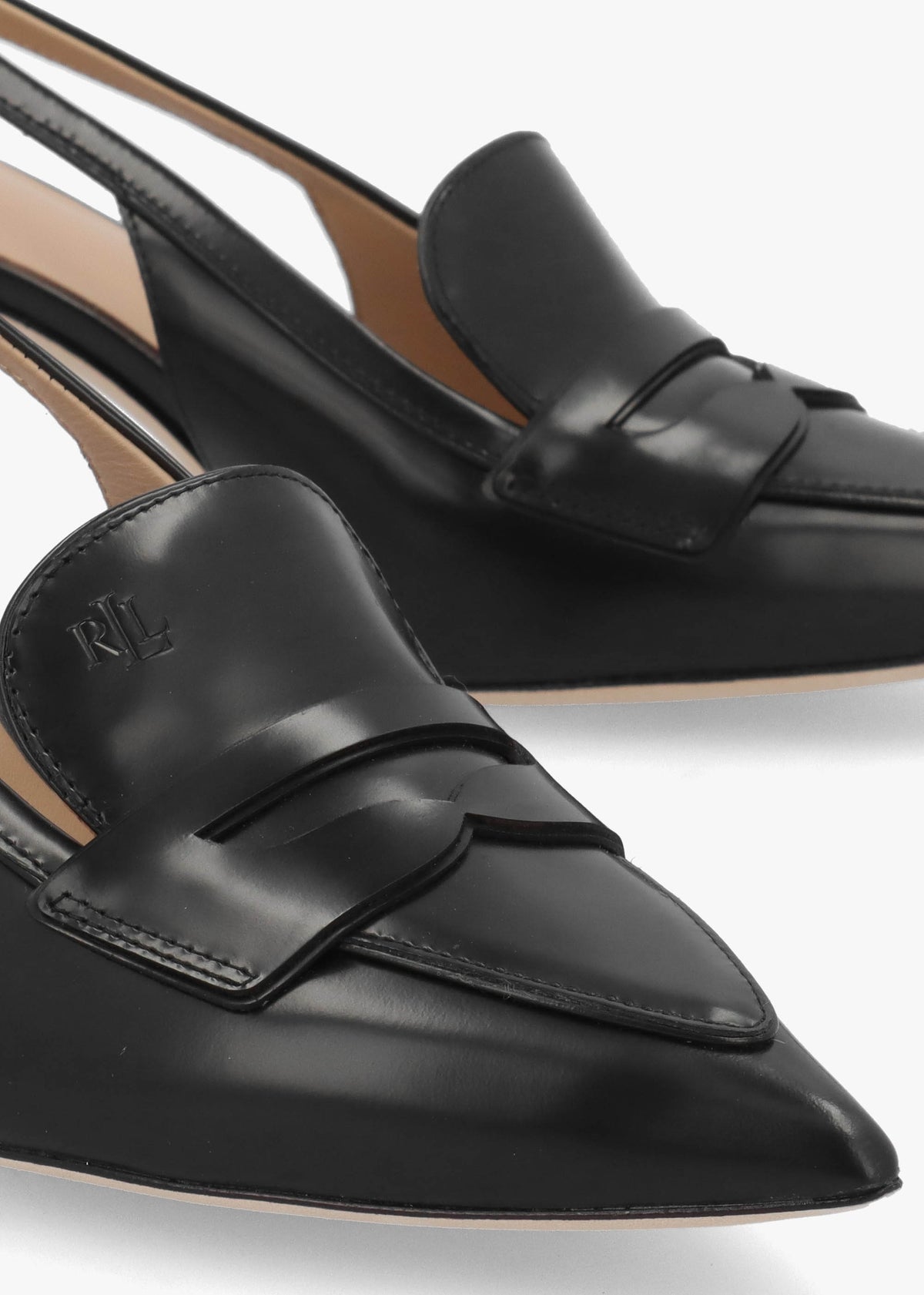 Khloe Black Leather Loafer Heeled Sling Backs