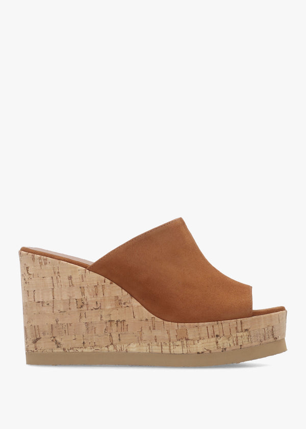 Sheli Tan Suede Cork Wedge Mules
