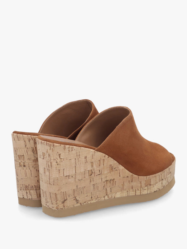 Sheli Tan Suede Cork Wedge Mules