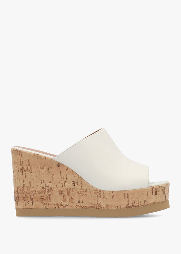 Sheli White Leather Cork Wedge Mules