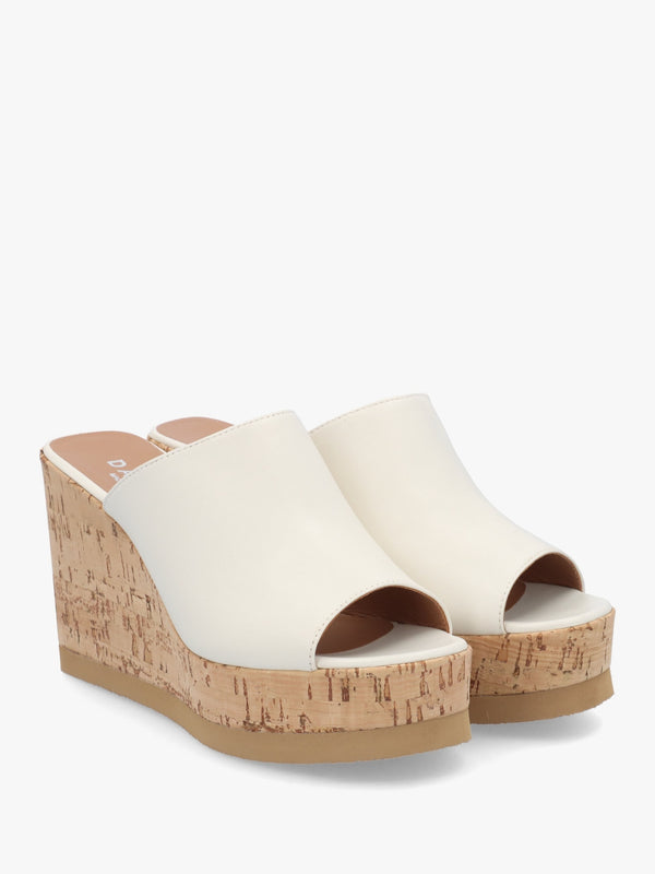 Sheli White Leather Cork Wedge Mules
