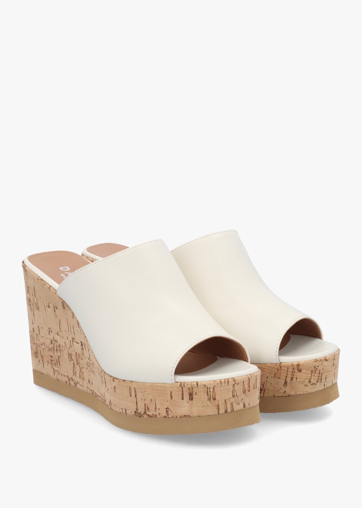 Sheli White Leather Cork Wedge Mules