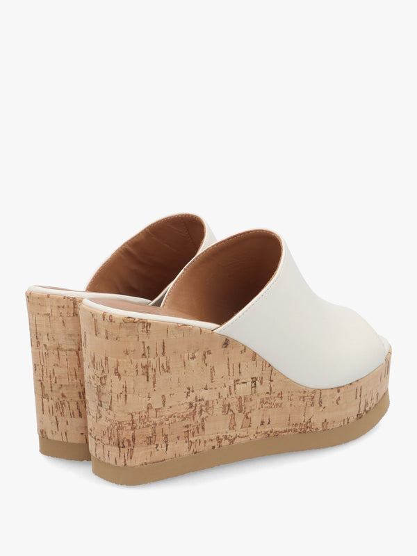 Sheli White Leather Cork Wedge Mules