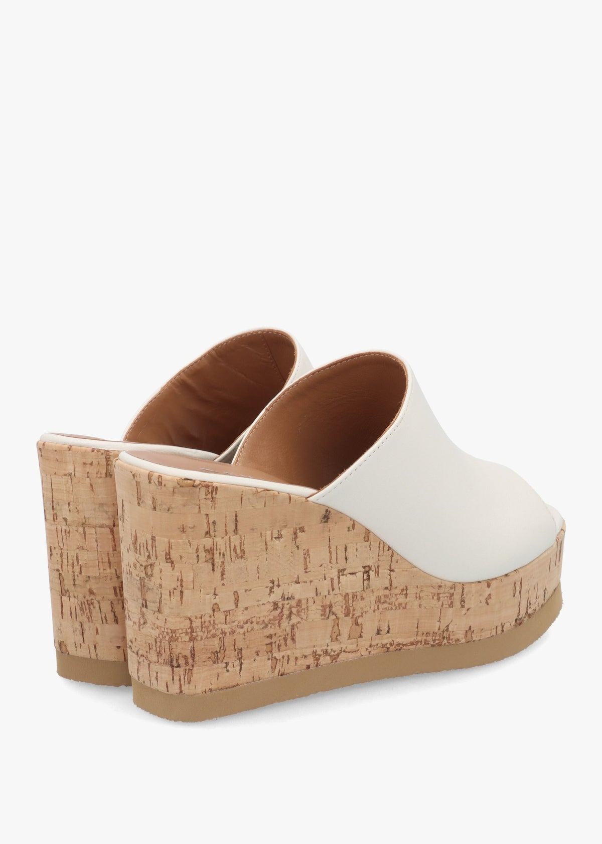 Sheli White Leather Cork Wedge Mules
