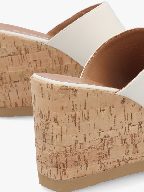 Sheli White Leather Cork Wedge Mules