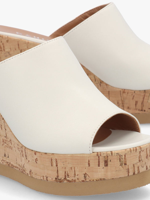 Sheli White Leather Cork Wedge Mules
