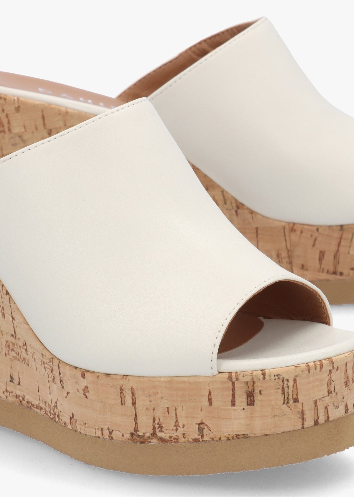 Sheli White Leather Cork Wedge Mules