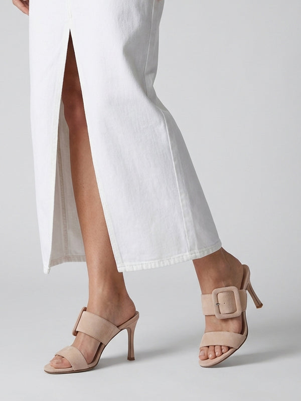 Eilish Nude Suede Buckle Heeled Mules