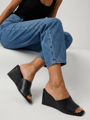 Sayne Black Leather Wedge Mules